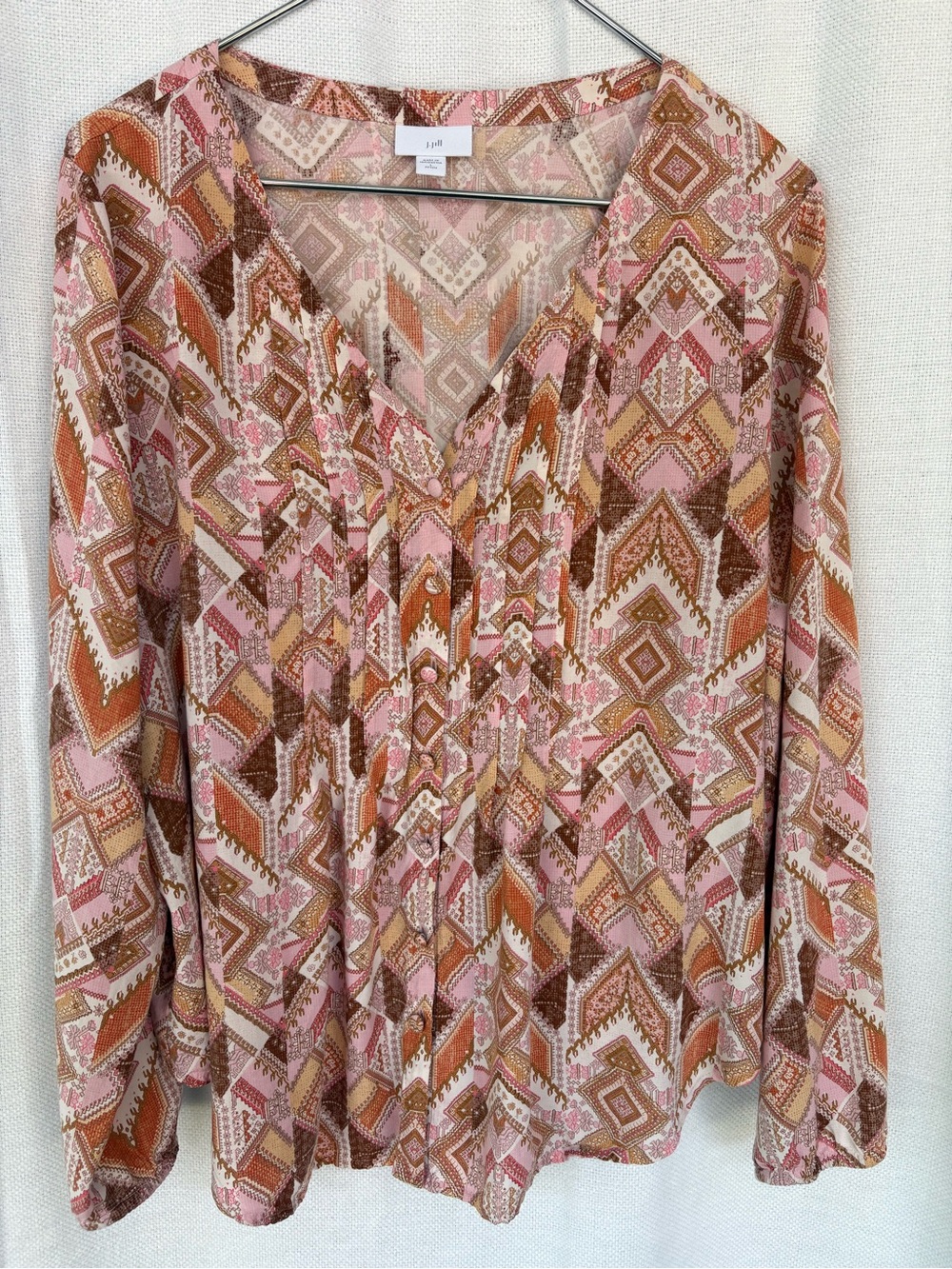 J. Jill women Pink and Brown Geo-Print Button Front Blouse size L